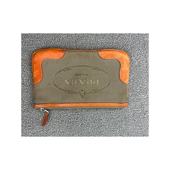 Authentic Prada Jacquard Pouch in Orange Brown Canvas and Leather Rare - Picture 1 of 16